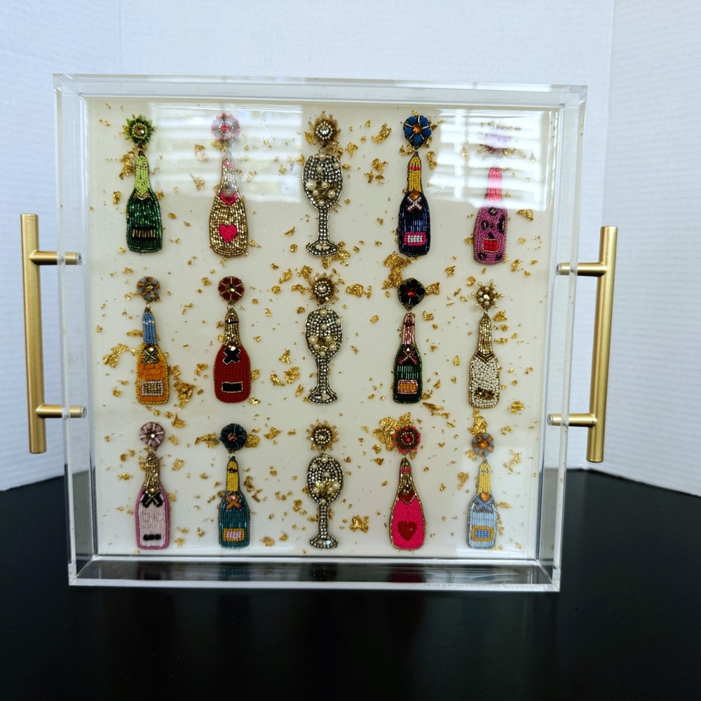 Acrylic Serving Tray 12 Inch Square Beaded Wine Bottles and Wine Glasses